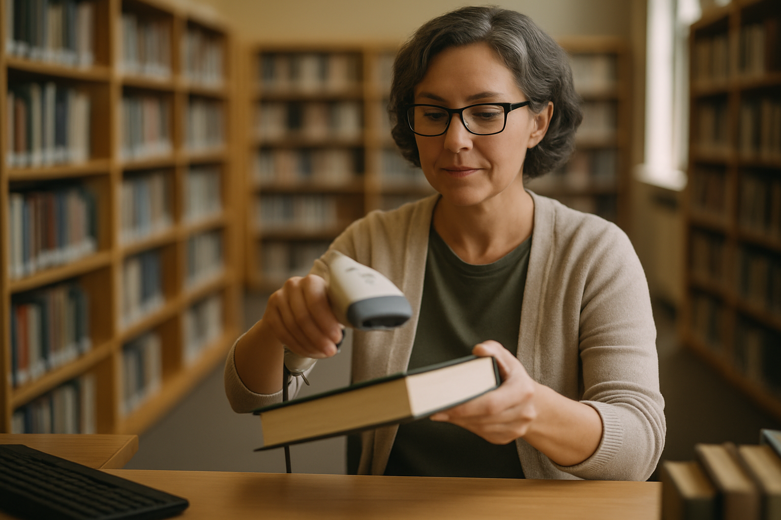 Kütüphane bankosunda kitap barkodu okutan bir kütüphaneci
