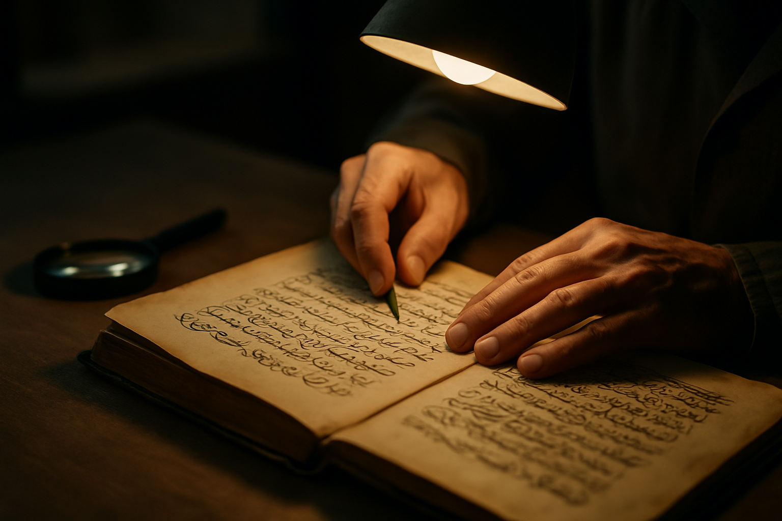Osmanlıca el yazması bir belgeyi masa lambası altında inceleyen uzman