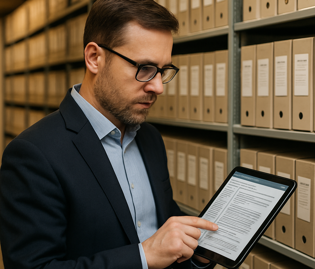 Bir uzmanın arşiv rafları önünde tablette dijital belge yönetim sistemini incelemesi