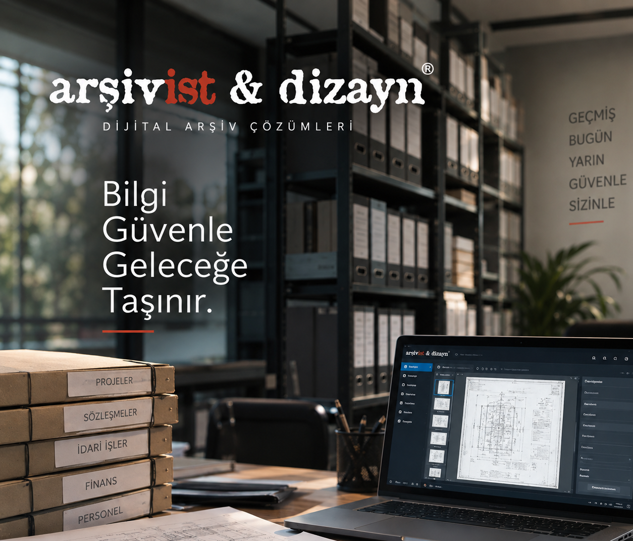 Arşivist & Dizayn ofisinde arşiv rafları önünde doküman arşiv yönetim sistemi ekranı açık bir dizüstü bilgisayar