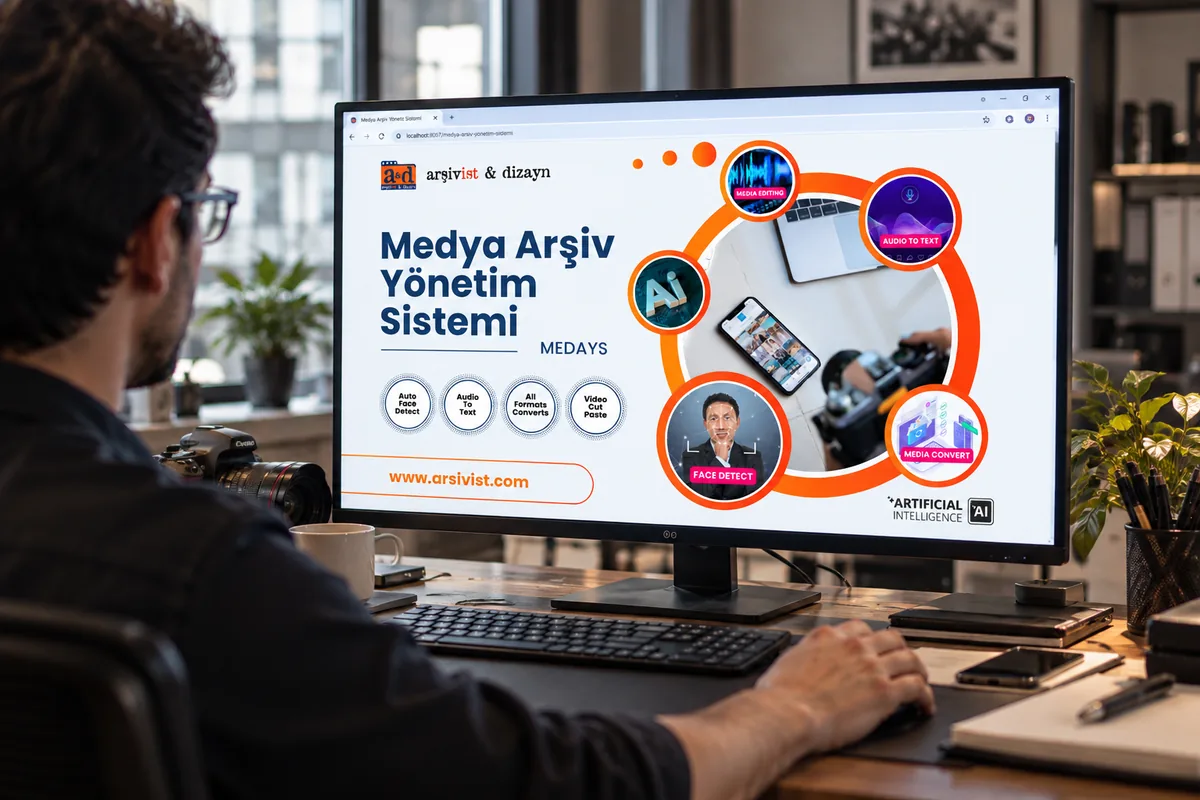 Arşivist MEDAYS medya arşiv yönetim sisteminin yapay zekâ destekli özelliklerini gösteren ekran: yüz tanıma, sesten metne çevirme ve medya dönüştürme
